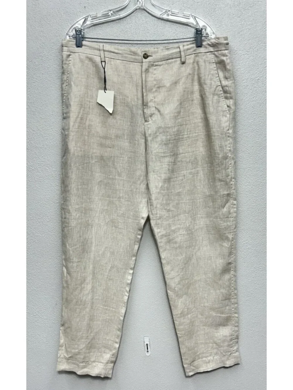 ZARA 100% Linen Ankle Pants Women's Sz XL Beige High Rise Beach Resort Vacation